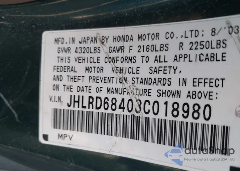 2003 Honda Cr-V Lx from USA, damaged, VIN JHLRD68403C018980